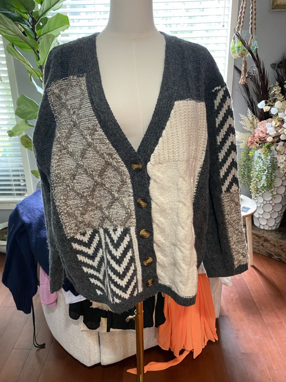eesome Charcoal & Cream Patchwork Cable Knit Cardigan